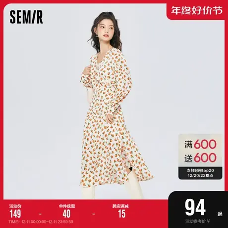 森马连衣裙女郁金香雪纺裙开叉优雅2022秋新款v领碎花裙甜美森系图片