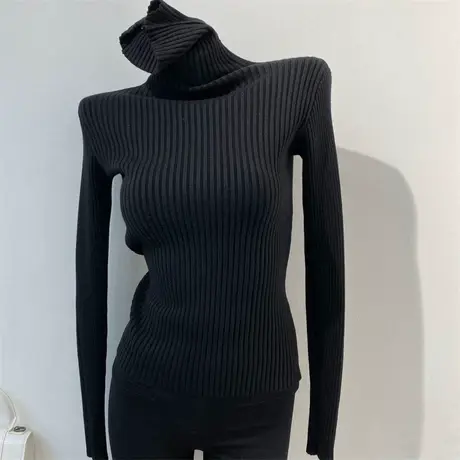 仓库清仓~秋冬新款长袖t恤女质感高领设计感打底衫黑色体恤上衣服图片