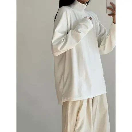 双面德绒磨毛长袖T恤女冬季宽松内搭半高领打底衫加厚加绒上衣潮图片