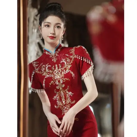 中式旗袍敬酒服2023新款新娘修身鱼尾秀禾服高级感刺绣出阁服嫁衣商品大图