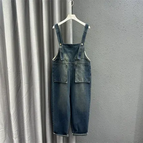 深蓝色立体口袋设计感牛仔背带裤女2024春季新款宽松显瘦连体长裤商品大图