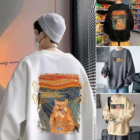 卫衣男潮ins油画小猫咪圆领长袖秋冬季宽松oversize情侣潮牌上衣图片