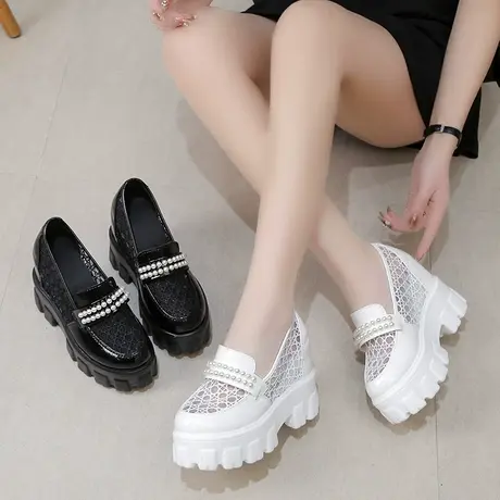 厚底乐福小皮鞋女2024春夏季新款英伦风单鞋子透气网面内增高女鞋商品大图