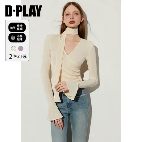 DPLAY春通勤白色v领长袖可拆卸本布系带亲肤弹力打底衫小衫上衣女商品大图