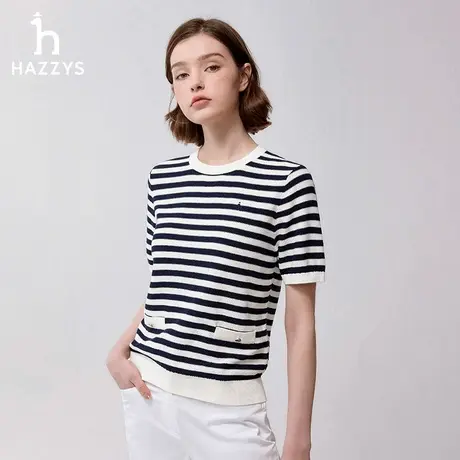 【纯棉条纹】Hazzys哈吉斯2024春夏季新品宽松休闲针织短袖t恤女图片
