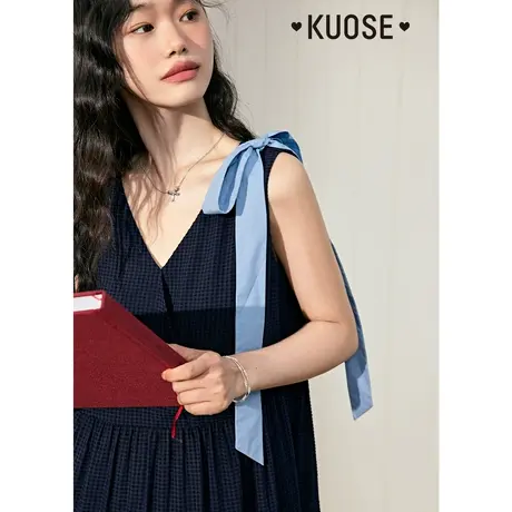 阔色v领蓝色背心连衣裙女2023新款夏海边度假吊带无袖蛋糕长裙子商品大图