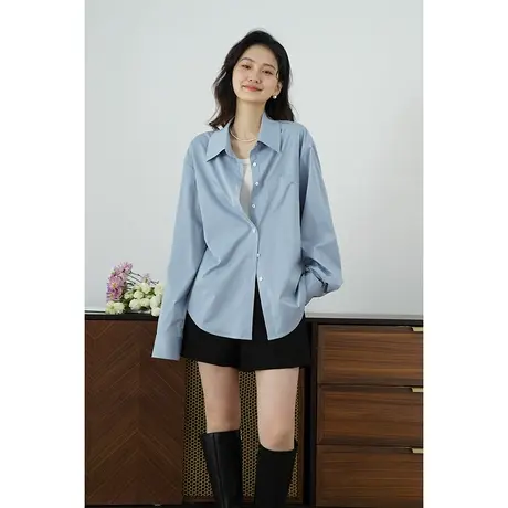 嘉茱莉2024春季新款蓝色衬衫外套女中长款衬衫上衣宽松慵懒风衬衫商品大图