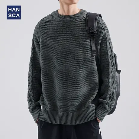 hansca美式复古粗针麻花毛衣男款秋冬季慵懒高级感宽松大码针织衫商品大图