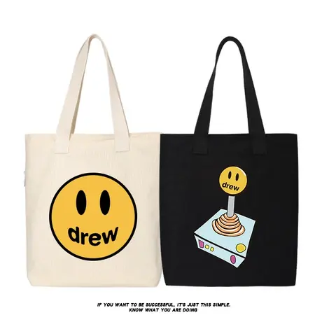 秀洛小众潮笑脸帆布包drew单肩斜跨手提包袋补课大学生上课托特包商品大图