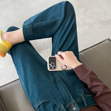 深蓝色牛仔裤女阔腿裤2024年春季新款高腰宽松显瘦小个子直筒裤图片