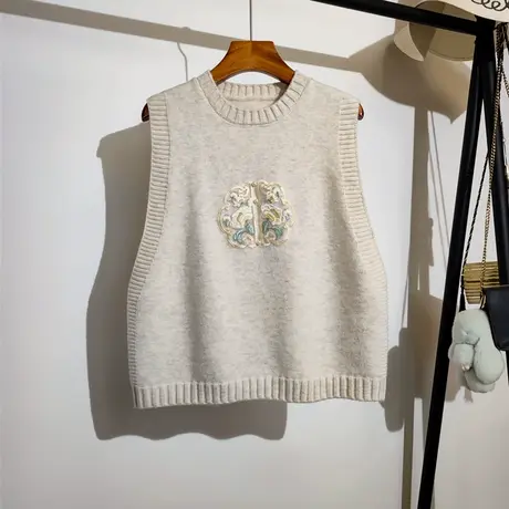 新中式刺绣针织马甲女春秋新款国风圆领洋气内搭毛衣背心坎肩外穿图片