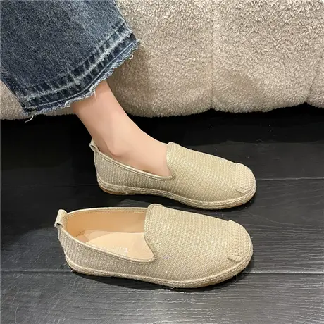 草编渔夫鞋女2024年春季新款百搭休闲布鞋一脚蹬懒人平底豆豆单鞋商品大图