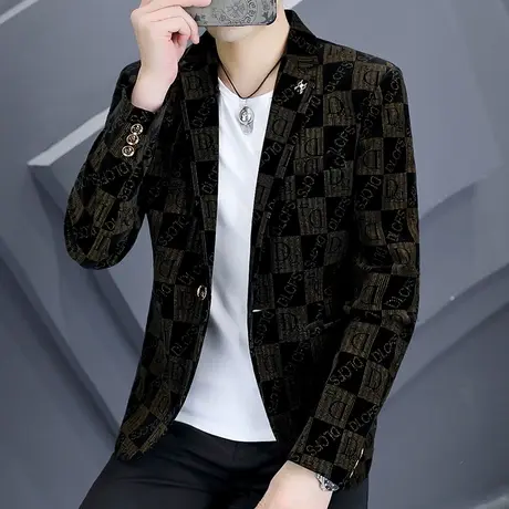 潮牌男士新款春季西装韩版灯芯绒格子撞色外套印花痞帅休闲小西服商品大图