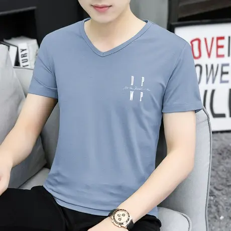 莫代尔短袖t恤男装V领夏季薄款冰丝凉感速干体恤衫印花半袖上衣服商品大图