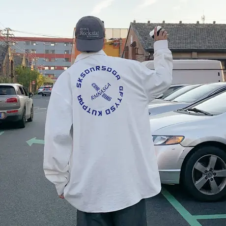 美式休闲衬衫男长袖秋季新款高级感白色翻领衬衣印花寸衫嘻哈外套商品大图