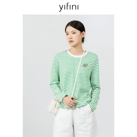 Yifini/易菲宽松圆领条纹长袖针织衫女2023秋季新款百搭打底T恤衫商品大图