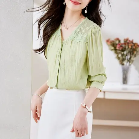 时尚气质淑女长袖衬衫2023年春季新款温柔甜美V领显瘦通勤上衣商品大图
