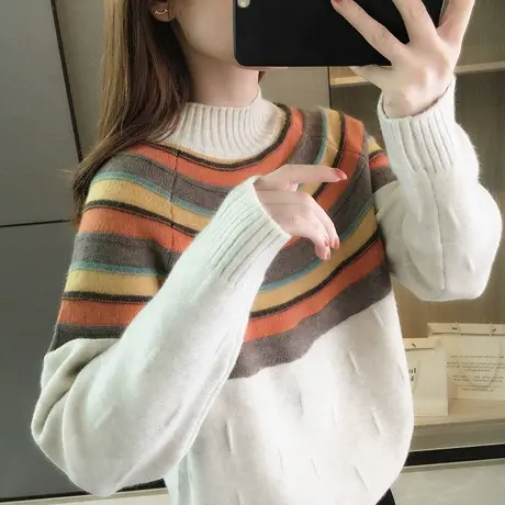 秋冬季女士毛衣新款半高领套头打底衫民族风针织衫女装慵懒风外穿图片