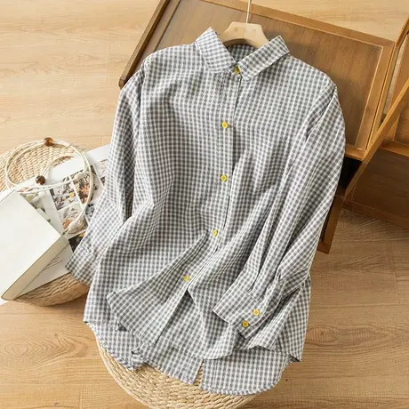 享永子格子棉质衬衫女文艺复古衬衣宽松显瘦百搭上衣2023春夏新款图片