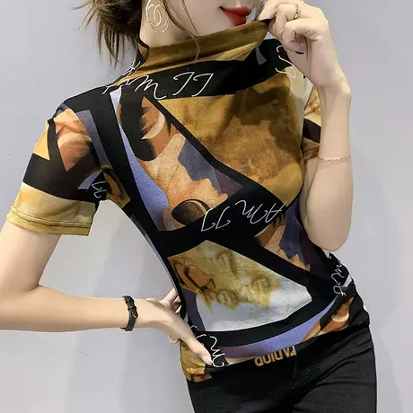 复古印花T恤女短袖2023新款时尚网纱上衣秋洋气百搭半高领打底衫图片