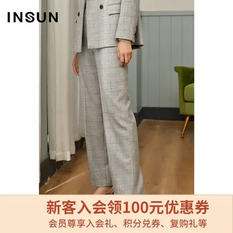 恩裳春季时尚格子西裤女职业通勤绵羊毛宽松直筒休闲裤商品大图