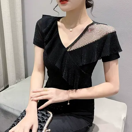 性感V领荷叶边T恤女短袖洋气紧身小衫网纱拼接上衣夏季镂空半袖潮商品大图