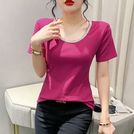 欧货网红T恤女短袖2023夏季新款时尚重工烫钻小衫ins圆领修身上衣商品大图
