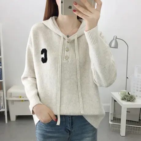 连帽宽松套头毛衣女2023年春秋新款洋气百搭针织衫短款卫衣外套女图片