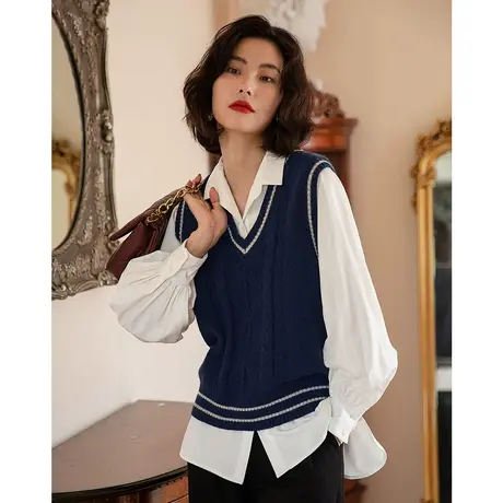 弥古学院风蓝色v领针织马甲女背心春秋外穿宽松套头毛衣马夹上衣商品大图