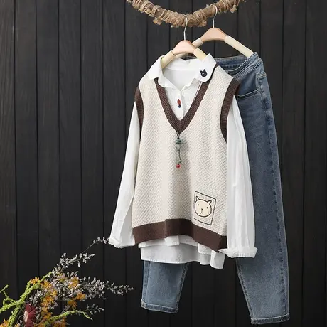 针织马甲女秋季2022新款宽松百搭慵懒风无袖毛衣背心V领撞色马夹商品大图