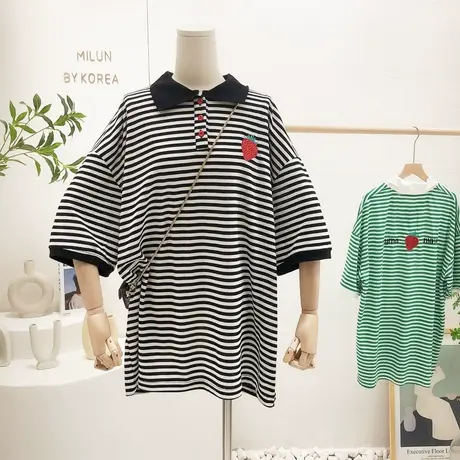 2022夏季新款连衣裙韩国东大门草莓字母短袖T恤Polo衫中长款大码商品大图