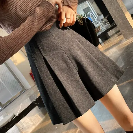 黑色超高腰毛呢短裤女2022秋冬新款花苞百褶休闲裤显瘦A字阔腿裤图片