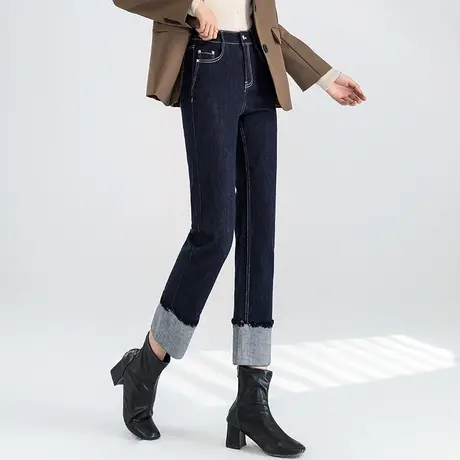 高腰直筒牛仔裤女2023年新款春秋翻边烟管裤显瘦九分裤秋季妈妈裤图片