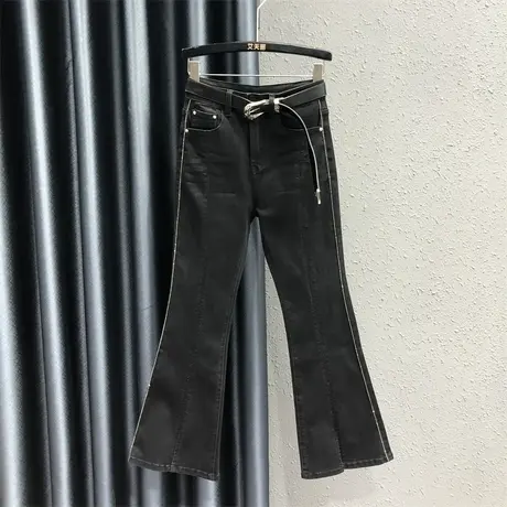 欧货黑色个性烫钻牛仔微喇裤女23秋季新款高腰显瘦弹力开叉喇叭裤图片
