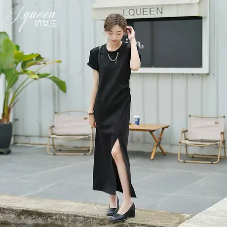 短袖连衣裙女夏季新款气质简约通勤高级感收腰显瘦开叉黑色长裙图片
