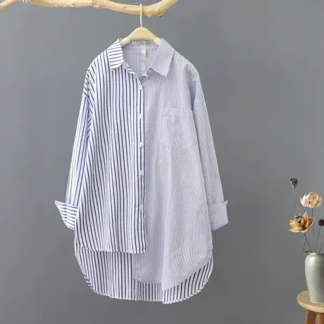 文艺范不规则下摆条纹长袖衬衫女宽松休闲春秋薄开衫上衣棉质衬衣图片