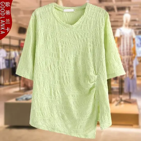 中年妈妈夏季短袖不规则遮肉上衣洋气时尚加肥加大码女装提花T恤商品大图