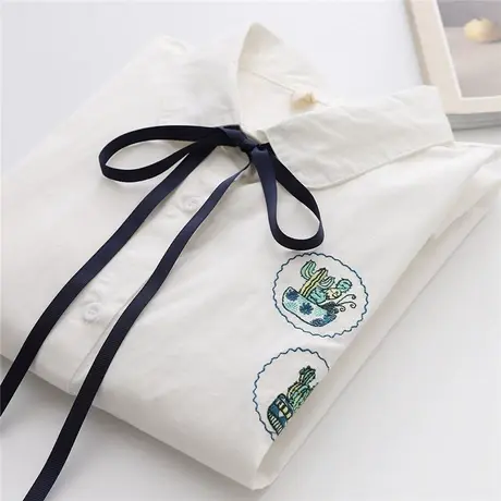 春秋新款日系文艺纯棉白衬衫女学院风刺绣系带娃娃领打底长袖衬衣商品大图