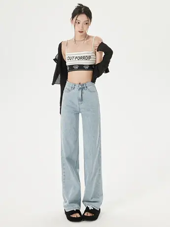 外贸清仓捡漏春秋直筒阔腿牛仔裤女百搭显瘦复古高腰宽松拖地裤商品大图