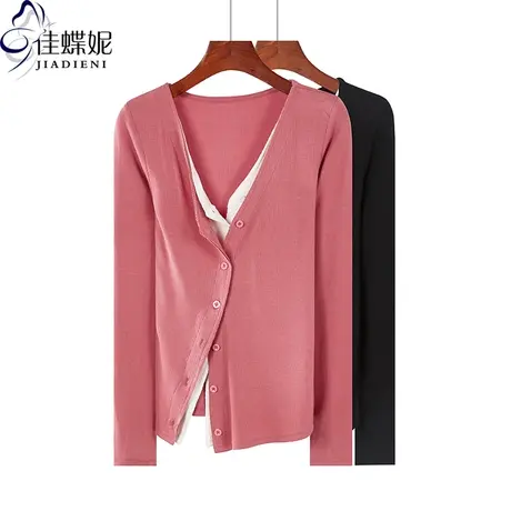 秋季新款韩版V领修身纯白假两件开衫不规则拼色长袖体恤上衣女装商品大图