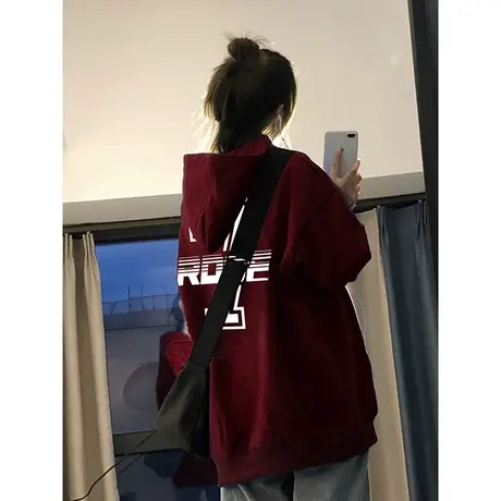 oversize连帽卫衣女秋冬大码慵懒风设计感小众加绒加厚宽松外套潮图片