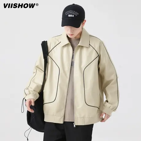 VIISHOW日系复古撞色线条夹克2023秋季新款宽松休闲翻领皮衣外套图片