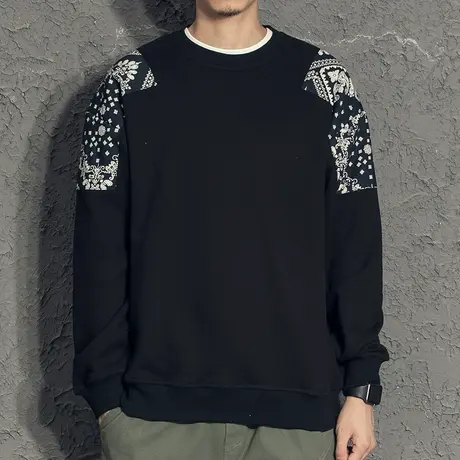 民族风补丁日系圆领卫衣男秋季男生小清新文艺宽松秋装上衣外套商品大图