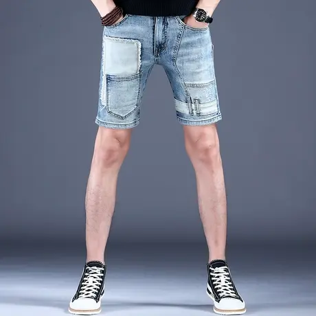 男士拼接破洞牛仔短裤男款秋款薄款三分裤子休闲五分中裤潮牌潮流图片