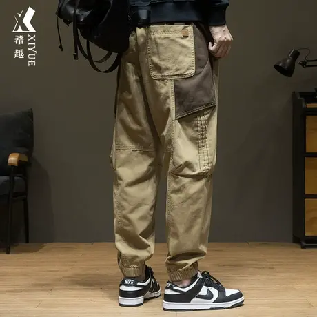 希越美式卡其色休闲裤男秋冬撞色拼接工装束脚裤宽松大码纯棉长裤商品大图