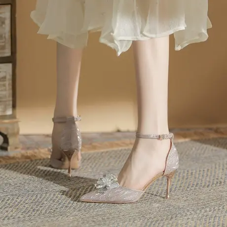 蝴蝶结水钻高跟鞋女2023年春季新款设计法式名媛气质尖头细跟单鞋图片