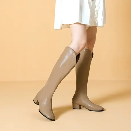 高跟长靴女粗跟2022年秋冬季新款小个子骑士靴时尚V口尖头长筒靴商品大图