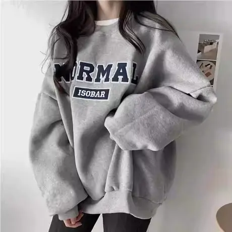 oversize灰色圆领小个子卫衣女春秋款大码胖mm宽松显瘦上衣300斤商品大图