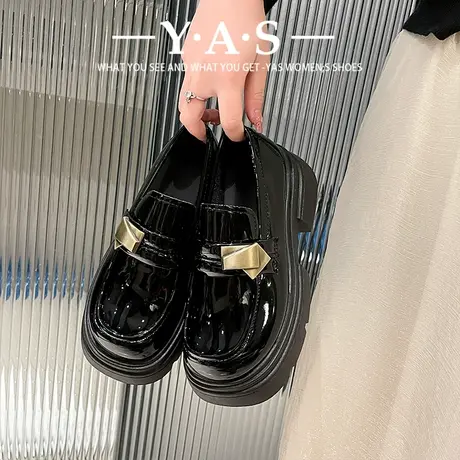 黑色厚底英伦风小皮鞋女2024春季新款复古百搭一脚蹬乐福鞋玛丽珍商品大图