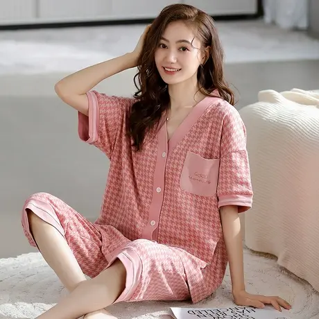 婷美2024年新款睡衣女士夏季千鸟格短袖七分裤家居服两件套可外穿商品大图